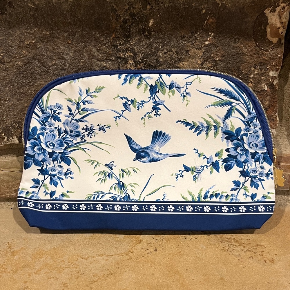 Estee Lauder Blue and White Bird Floral Makeup Pouch 9" x 6"